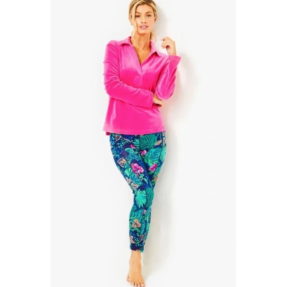 LILLY PULITZER August Velour Pullover Pink Palms Solid Polo Collar Bright Small